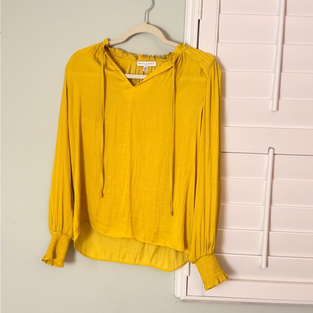 Mango Mustard Yellow Long-Sleeve Tie-Neck Blouse